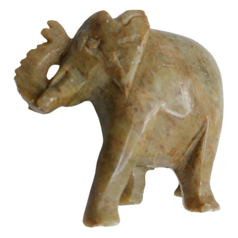 Hand Carved Onyx Stone Elephant Sculpture Trunk Up Brown Onyx 3"